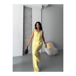 Abito elegante da donna con colletto quadrato con bottoni e Set pantalone in alto e in basso a due pezzi - Product Image 2