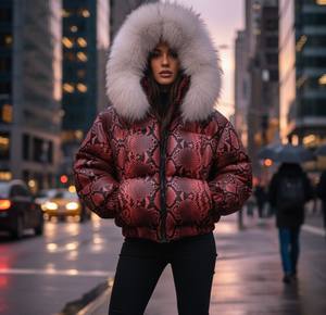 Veste d'hiver en cuir véritable effet peau de serpent avec garniture en fourrure, fermeture éclair coupe-vent, style streetwear pour femmes - Product Image 5