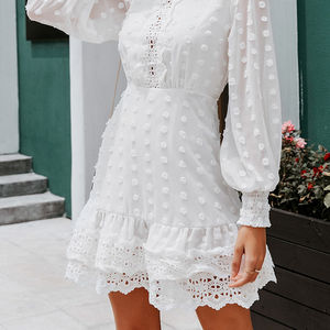 Vestido Casual Elegante de Encaje para Mujer, Color Blanco, para Primavera y Verano, Nuevo, Moderno, Clásico, Cuello Redondo, Manga Larga, Mini, Tejido, Natural, Simple - Product Image 5