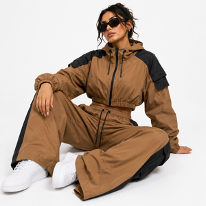 ONE APEX <b>Women's</b> Camel <b>Brown</b> Cropped Hooded Windbreaker <b>Tracksuit</b> Waterproof Zipper Jacket Wide Leg Pants Set High Street Style - Product Image 6