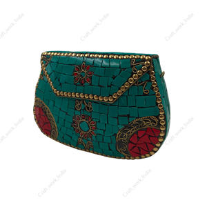 Handmade <b>Green</b> Mosaic <b>Clutch</b> Bag with Red Inlay Metal Evening Party Wedding Designer Handbag Luxury Purse for Women - Product Image 3