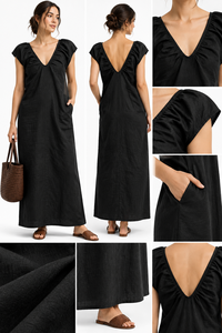 Robe longue en coton de créateur pour commande en gros - Noire, col en V, décontractée, simple, unie, respirante, manches courtes, taille naturelle - Product Image 5
