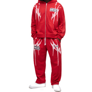 <b>Red</b> Full Zip <b>Hoodie</b> Set with All-Over Graphic Print 420 GSM Cotton Fleece Relaxed Fit OEM Wholesale Manufacturing - Product Image 3