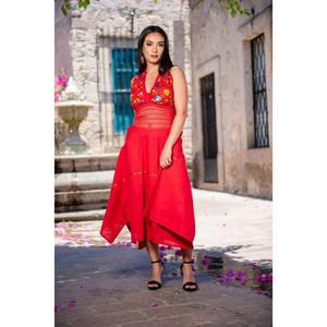 Vestido Midi Rojo Bordado para Mujer, Estilo Mexicano, Floral, Étnico, Sin Mangas, para Fiesta - Product Image 3