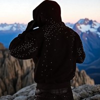 Crystal Blank Terry Cotton 100% Full Zip up Black Streetwear Heavyweight Rhinestone Hoodie para hombres
