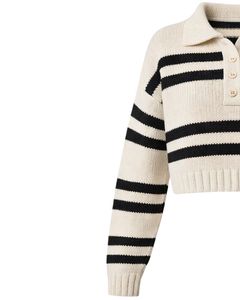 Pull Polo Court en Tricot Rayé Noir pour Femme, Fabrication Personnalisée, Manches Longues, Patte de Boutonnage, Doux, Hiver, Décontracté, Mode, Haut, OEM - Product Image 2