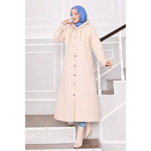 Manteau matelassé rétro élégant à capuche avec logo et boutons décoratifs, taille XL, en tissu tissé polyester et coton, poches longues - Product Image 4