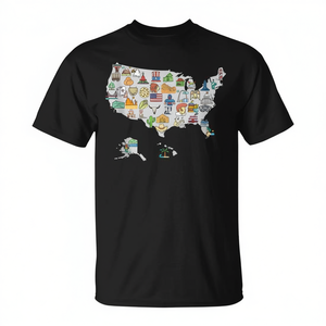 Camiseta sin Mangas Gris con Símbolos Icónicos y Mapa de Lugares Culturales Emblemáticos de EE. UU. para Uso Promocional - Product Image 2