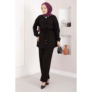 Ensemble deux pièces pour femme, tunique en crêpe noir uni avec broche et taille cintrée, style bureau - Product Image 3