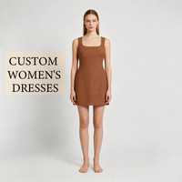 Robe personnalisée pour femme, couleur camel marron uni, col carré, sans manches, coupe ajustée, mini-robe trapèze, OEM ODM Marque privée