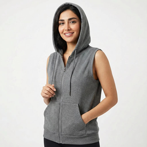 Chaleco con Capucha sin Mangas para Mujer, Gris, Tejido, Informal, con Bolsillos, Transpirable, de Color Sólido - Product Image 1