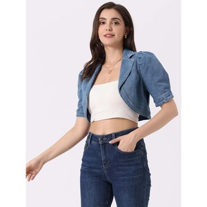 Veste en jean court pour femme avec col à revers à manches courtes Design universitaire respirant Décoration de perles remplies de coton teint uni - Product Image 6