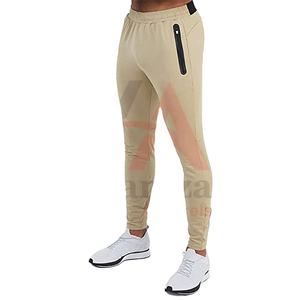 Pantalon pour homme élégant, beige, coupe ajustée, jogging, tissu léger et extensible 250 GSM, poches latérales modernes à fermeture éclair, vêtements de sport décontractés - Product Image 1