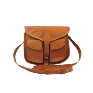 Two Front Pocket Unisex Genuine Leather Messenger <b>Bag</b> Handmade <b>Satchel</b> Chain Decoration <b>Canvas</b> Cotton Panelled Ins Outdoor Use - Product Image 1