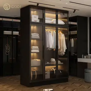 GODI Luxury 2 Door Wooden Glass Almirah Wood Combination Wardrobes Cabinet Bedroom Furniture Closets Wardrobes With Mirror