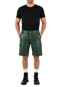 New Custom Mens <b>Green</b> Genuine Leather Utility Cargo Shorts Streetwear Style and Utility Pockets Six Pockets Shorts - Product Image 4