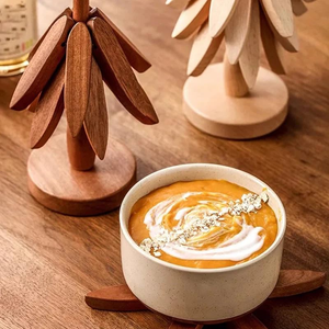 Natural <b>Wooden</b> Coaster Set of 4 With Tree Design Includes Stackable <b>Trivets</b> For Hot Dishes And Table Use From India - Product Image 5