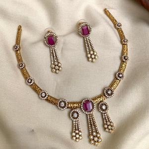 Trendy Luxury Design <b>Moissanite</b> <b>Necklace</b> Set With Earrings Gold Plated for Wedding and Bridal Fashion Jewelry Set For Women - Product Image 1