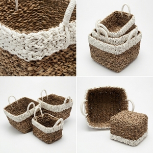 Natural Banana Bark Recycled Plastic Storage <b>Basket</b> Set White Rim <b>Rectangular</b> Arch Handle Shelf Box Setup Decor Pure Art Design - Product Image 2