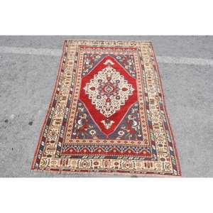 พรมขนสัตว์สีเบจสีแดงแบบดั้งเดิมขนาด3.6X5.5ฟุตห้องโถงสี่เหลี่ยมสไตล์ตุรกีดีไซน์แอบสแตรกต์ลาเท็กซ์ขนาด10มม. สำหรับห้องนั่งเล่น - Product Image 1