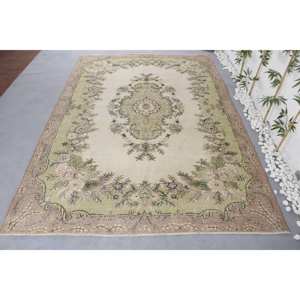 Alfombra turca vintage de 7,1x10,2 pies, tradicional, verde, beige, tejido plano, diseño de retazos, látex de lana para sala de estar, Aubusson - Product Image 1