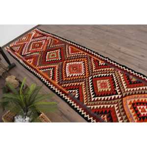 Vintage Turkish <b>Runner</b> Rug 3x12.7 ft Kilim <b>Red</b> Wool Patchwork Rug with Latex Backing Eco-Friendly - Product Image 5