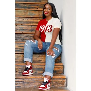 Mezza metà 1913 DST ciniglia ricamata T-Shirt in cotone Premium abito da confraternita Delta abbigliamento greco T-Shirt rossa bianca bicolore - Product Image 1