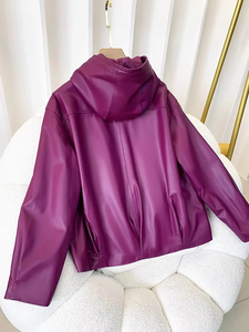 Veste coupe-vent en PU pour femme, style streetwear, fermeture éclair, coupe ample, capuche, en peau de mouton, décontractée, vêtements d'extérieur, hiver, nouvelle taille plus - Product Image 2