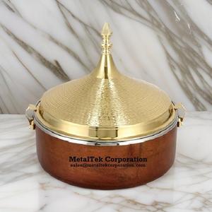 Calentador de alimentos, olla caliente de acero inoxidable, tapa dorada, Base de madera, estilo árabe, plato de servicio de Buffet de lujo, restaurante, boda, catering - Product Image 6