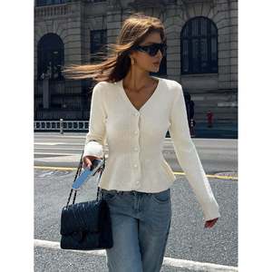 Women's Printed Wool Peplum <b>Cardigan</b> with Pearl <b>Buttons</b> - Product Image 6