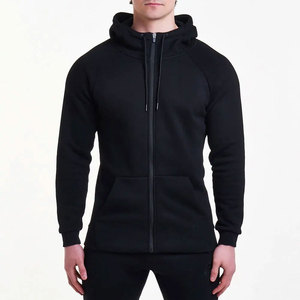 Sweat-shirt à capuche zippé en molleton slim fit pour homme, manches raglan, noir uni, décontracté, pour l'automne - Product Image 1