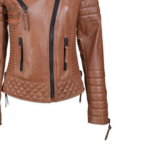 Veste de moto pour femme en cuir véritable, couleur unie, style zippé, grandes tailles, prix raisonnables, vestes de moto tendance - Product Image 3
