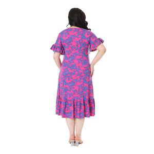Abito taglie forti con tasca a balze da donna con motivo corallo blu rosa