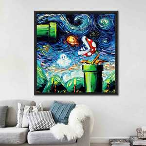 Toile imprimée moderne Starry Night Mario World – Décoration murale élégante, encadrée en noir - Product Image 1