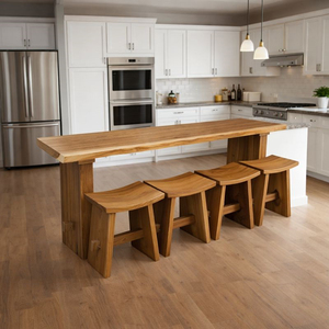 Juego de Mesa de Bar de Madera Maciza de Monkey Pod Ecológica y Moderna de Alta Calidad, Sillas Curvas con Asientos de Madera y Patas Naturales para Cocina o Bar - Product Image 4