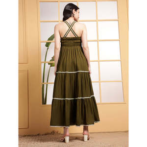 DEEBACO Vestido de Rayón Liso Color Oliva para Mujer, con Escote Corazón, Sin Mangas, Corte Ajustado y Evase, Largo Maxi, para Fiesta, Casual, Estilo Western - Product Image 4