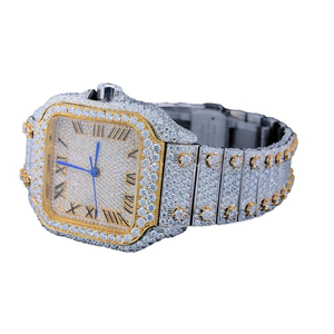 Montre mécanique de luxe antique en moissanite et diamant, acier inoxydable plaqué or jaune, 41 mm, chiffres romains, verre, charme - Product Image 3