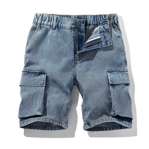 กางเกงขาสั้นคาร์โก้ผ้าแคนวาสทรงหลวมสไตล์ลำลองสำหรับผู้ชาย หลายกระเป๋า สีน้ำเงินวินเทจ ทรงตรง ระบายอากาศได้ดี สวมใส่สบาย - Product Image 1