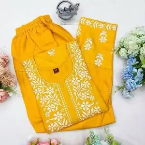 Indian Trendy Fashion for Women Long Kurtis with Embroidery Work Chanderi Cotton Dupatta Kurti Set