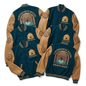 Chaqueta Letterman al por mayor, verde pino, de lana, estilo universitario, con bordado Thermal Valley Mineral Waters y mangas de cuero marrón óxido - Product Image 3