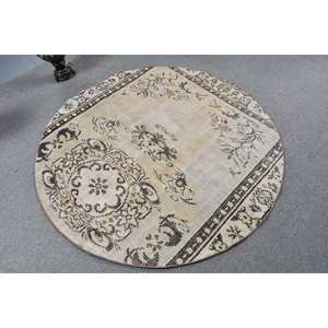 พรมตุรกีโบราณ4.9x4.9ft สีเบจสีน้ำตาลแบนทอลายขนสัตว์เย็บปะติดปะต่อกันสำหรับตกแต่งห้องนั่งเล่นหรือห้องโถง - Product Image 2