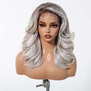 DWY High Quality Silver Gray <b>Wig</b> Transparent Lace Wavy Curly <b>Afro</b> Short Curly Synthetic Fiber Hair Heat-Resistant Includes Bangs - Product Image 1
