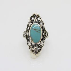 Vintage Long <b>Turquoise</b> And Marcasite <b>Ring</b> In 925 Sterling Silver Size 8 Handmade Statement Gemstone Jewelry For Women - Product Image 1
