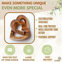 Corazones de Madera de Olivo Entrelazados Personalizados de 7.5 cm, Grabado Personalizado, Impresión en Huecograbado, Regalo de Boda Moderno para Múltiples Ocasiones, Hecho a Mano