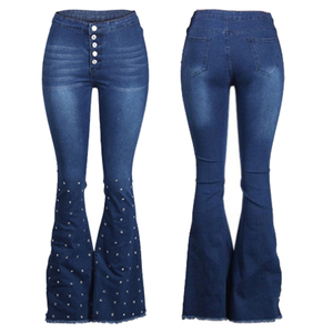 Venta al por mayor Saleh Enterprises: Pantalones vaqueros de mezclilla para mujer, de cintura alta, elásticos, ajustados, acampanados, ecológicos, de poliéster/algodón, vintage, rasgados. - Product Image 1