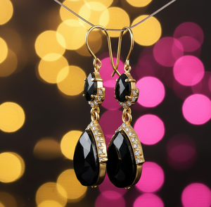 <b>Black</b> Onyx & CZ <b>Earrings</b> Pear <b>Black</b> Onyx with Cubic Zirconia | 925 Sterling Silver 18K <b>Gold</b> Plated Jewelry 15GM - Product Image 6