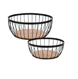 Iron <b>Handle</b> Strong Iron Wire <b>Basket</b> Matte Black <b>With</b> Wooden Base Fruit and Vegetables <b>Basket</b> Supplier - Product Image 3