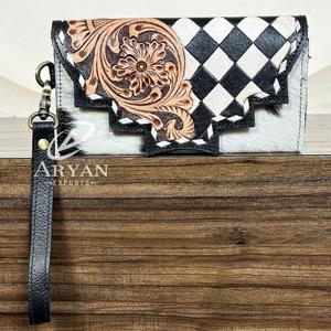Nouveau portefeuille-bracelet en cuir de vachette artisanal, incrusté de motifs floraux à carreaux, style western, en cuir véritable, pochette pour femme - Product Image 1