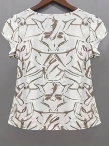 Blusa con cuello redondo y estampado abstracto de alta calidad, Blusa plisada de manga corta Vintage para primavera y verano, ropa de mujer - Product Image 3