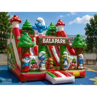Aire de jeux gonflable commerciale sur le thème des Smurfs, grand château gonflable extérieur avec toboggan, équipement de parc d'attractions